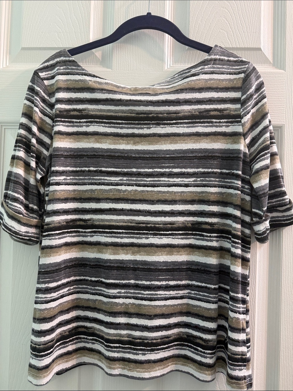 Gloria Vanderbilt Striped Boatneck Top in Black, Gray & Cream